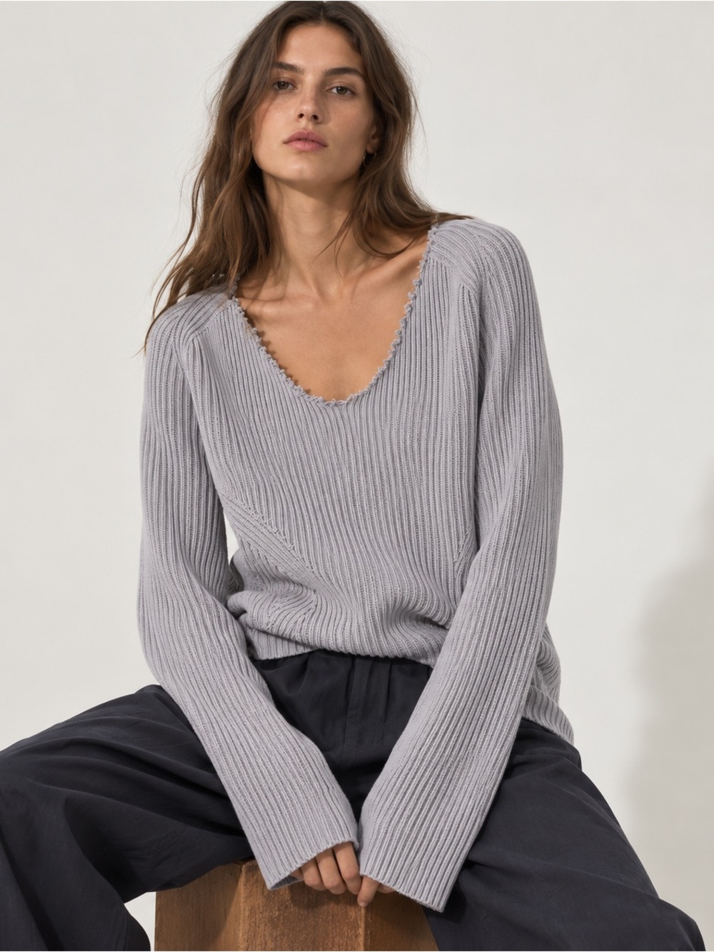 Cotélac grey ribbed knit cotton relaxed fit sweater L
